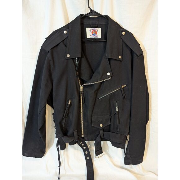 Vintage Camel Cigarettes Black Denim Biker Jacket 1992 Corset Sides, Belt, Sz L
